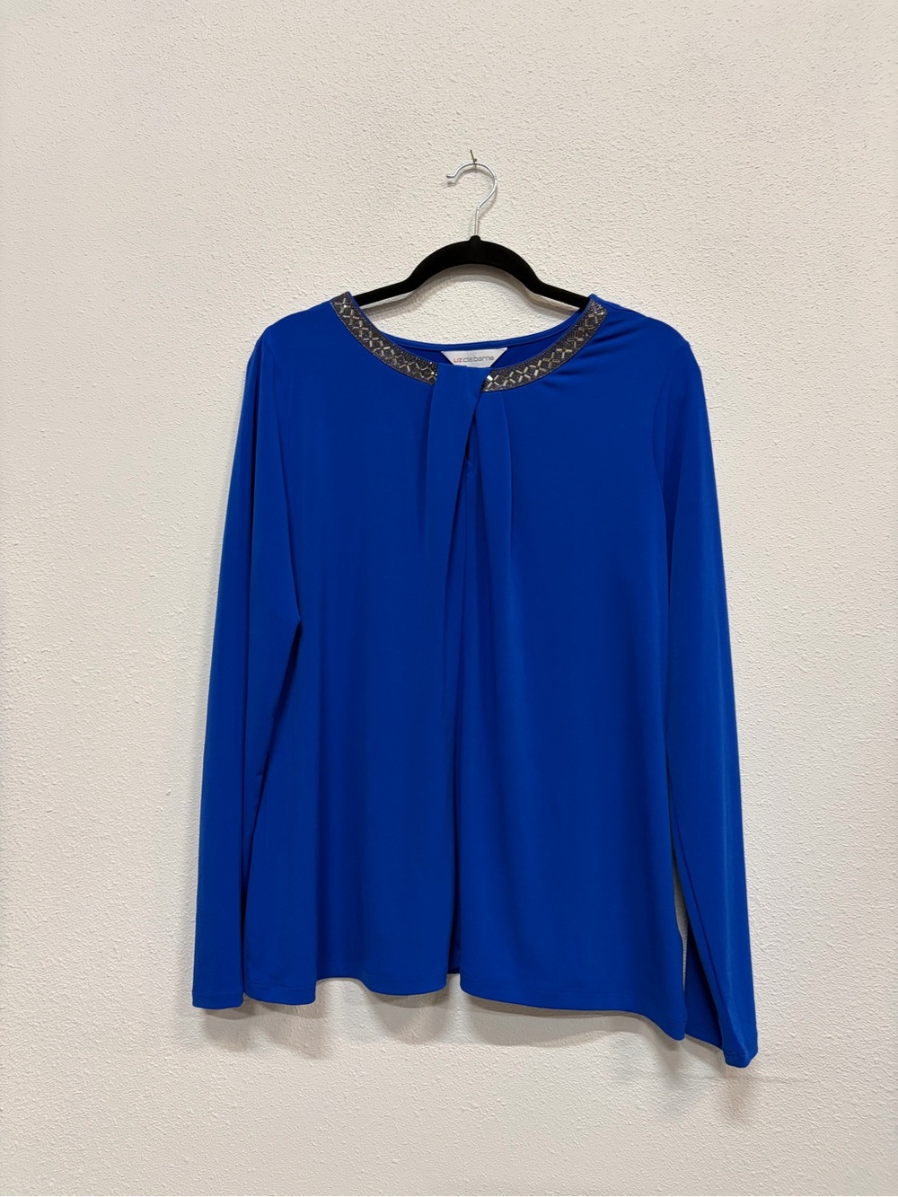 Liz Claiborne Cobalt Blue Long Sleeve Top with Embellished Neckline